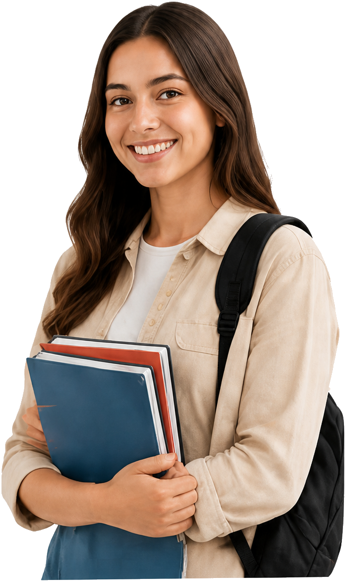 Estudante sorrindo com livros e mochila