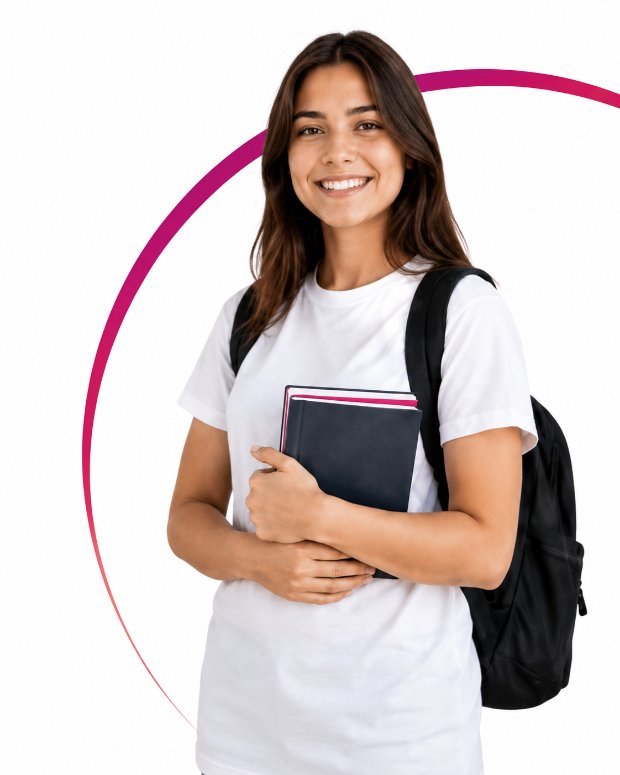Estudante de Medicina com livros e mochila
